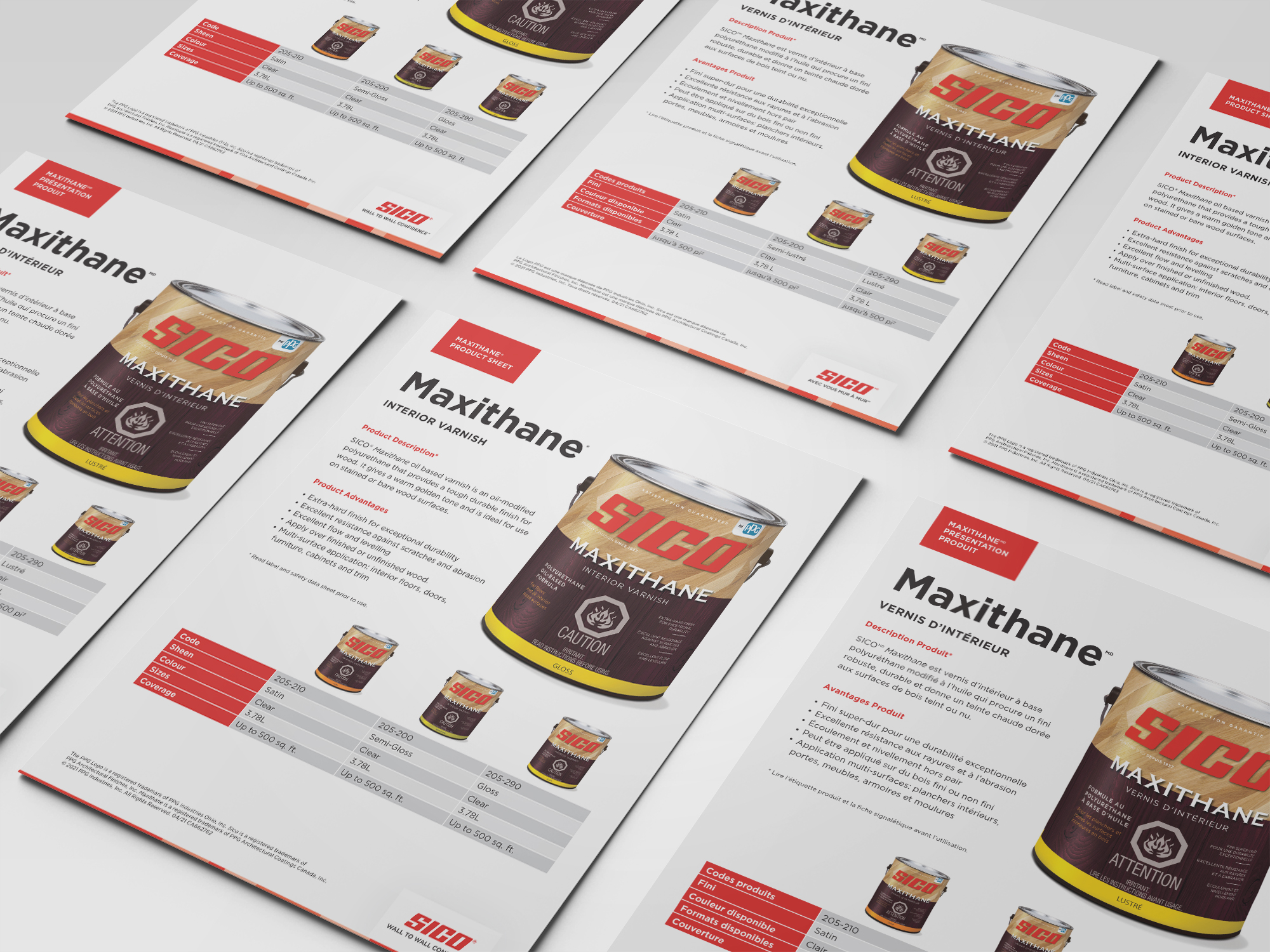 An image displaying a collection of bilingual sell sheets (in both English and French) for a paint brand.